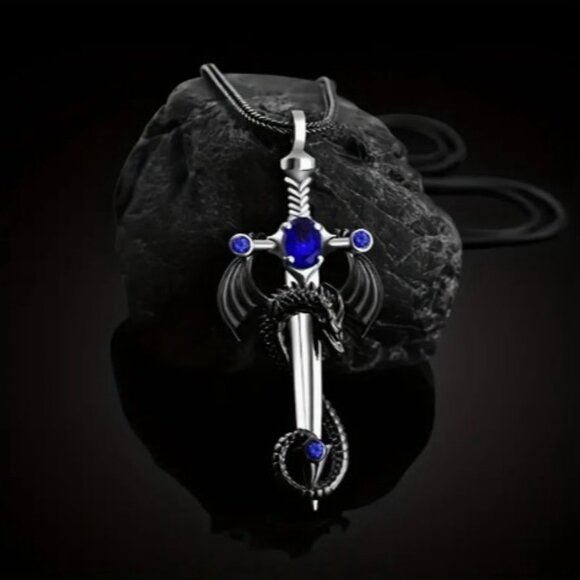 Gothic Funky Sword Dragon Pendant Necklace - Blue Stone - Picture 1 of 5